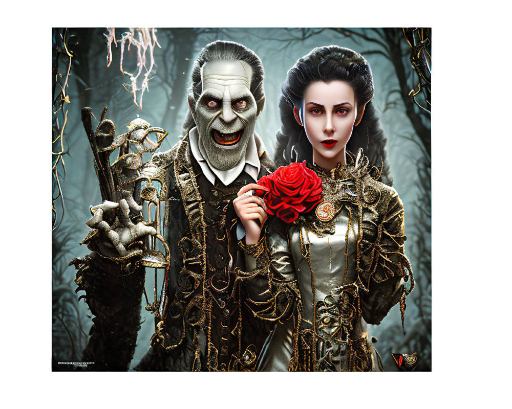 Gothic couple in elaborate costumes with skull-like face and pale skin holding red rose