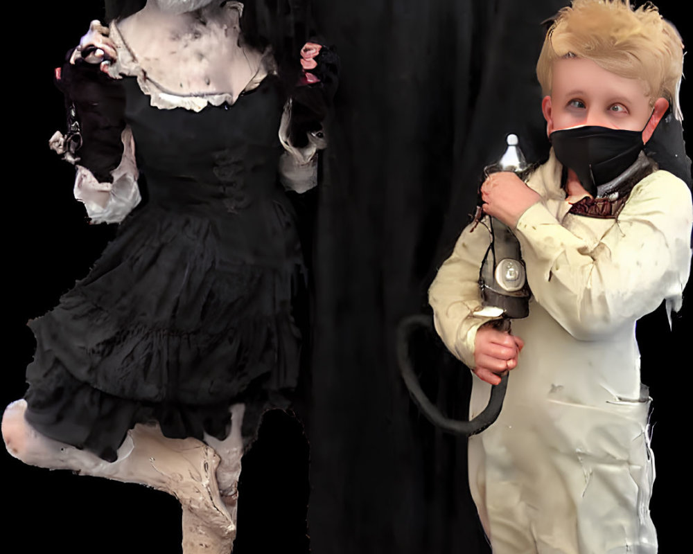 Two Halloween costumes: ghostly figure in black robe with skull mask, doll in black dress, child