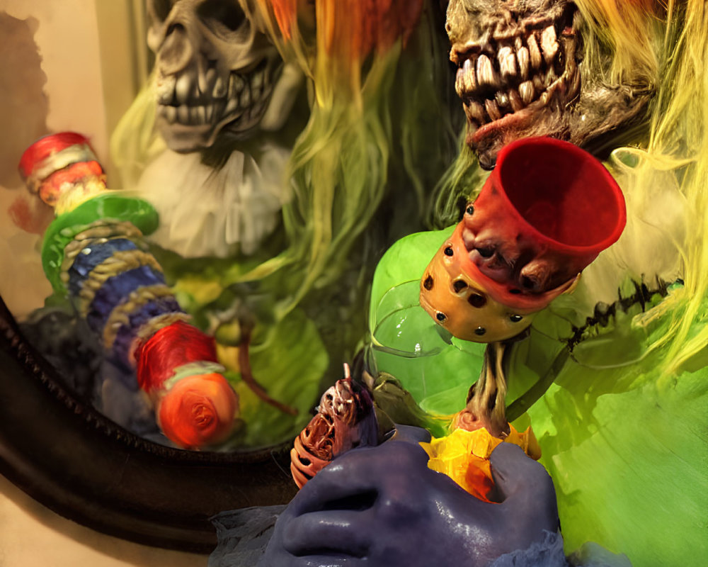 Vibrant eerie display: skeletal figures, candy skewer, bubbling potion, fiery hair,