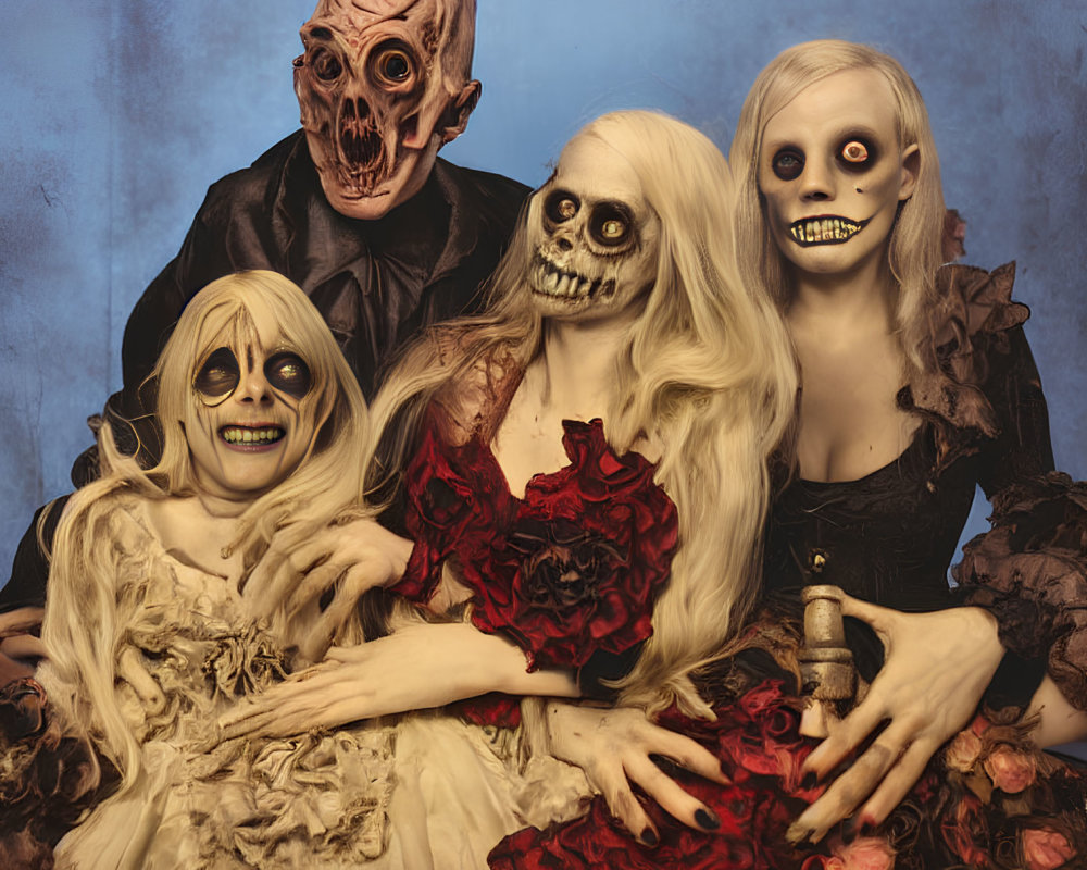 Three individuals in skull makeup pose theatrically with a creepy aesthetic, one figure surrounded by roses.