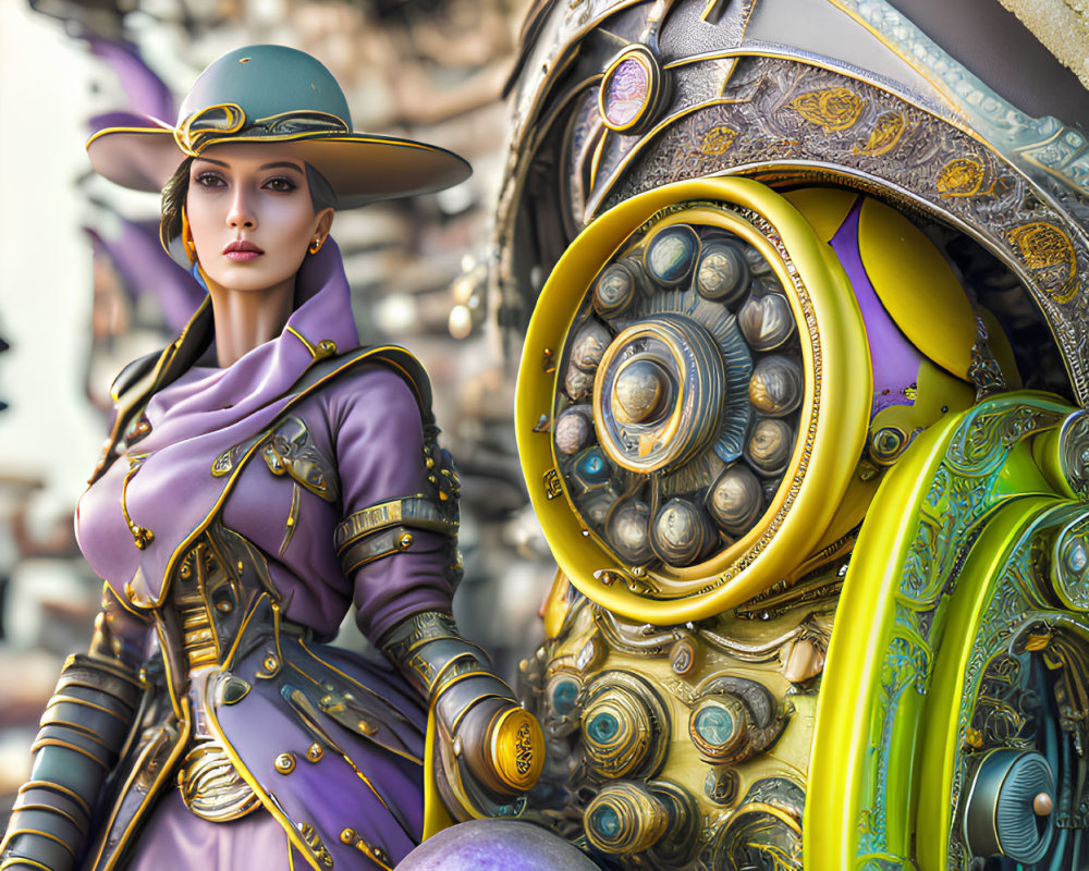 Steampunk-themed illustration of woman in purple Victorian outfit with mechanical armor and gear-driven accessories.