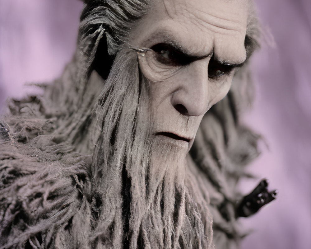 Elaborate costume makeup of aged mystical creature with long gray hair