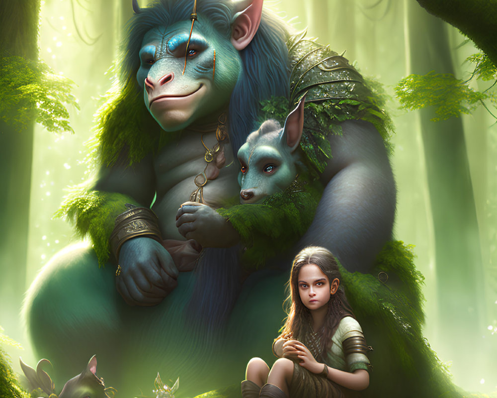 Illustration of large blue creature, small companion, and girl in forest with ethereal light.