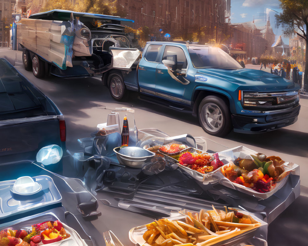 Busy Urban Street Scene with Blue Pickup Truck and Diverse Street Food Options