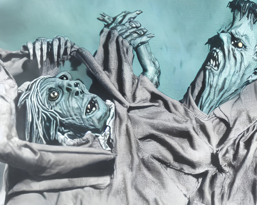 Dramatic theatrical zombie figures with clawed hands on teal backdrop