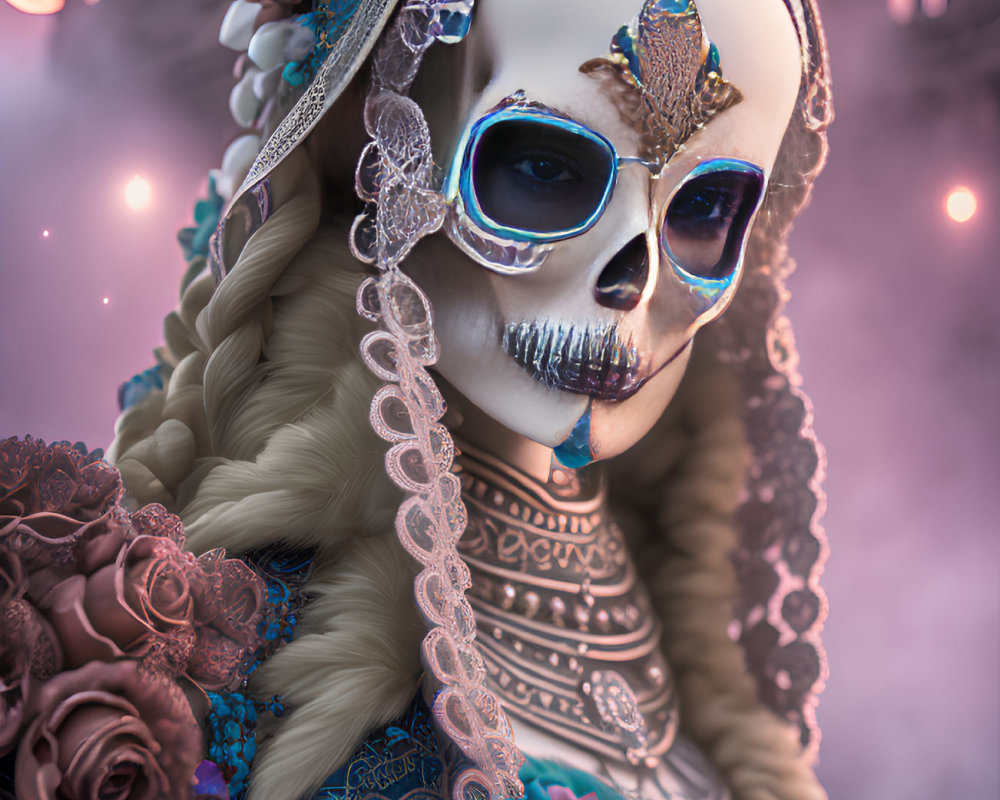 Stylized figure with skull face, headdress, roses on pink backdrop