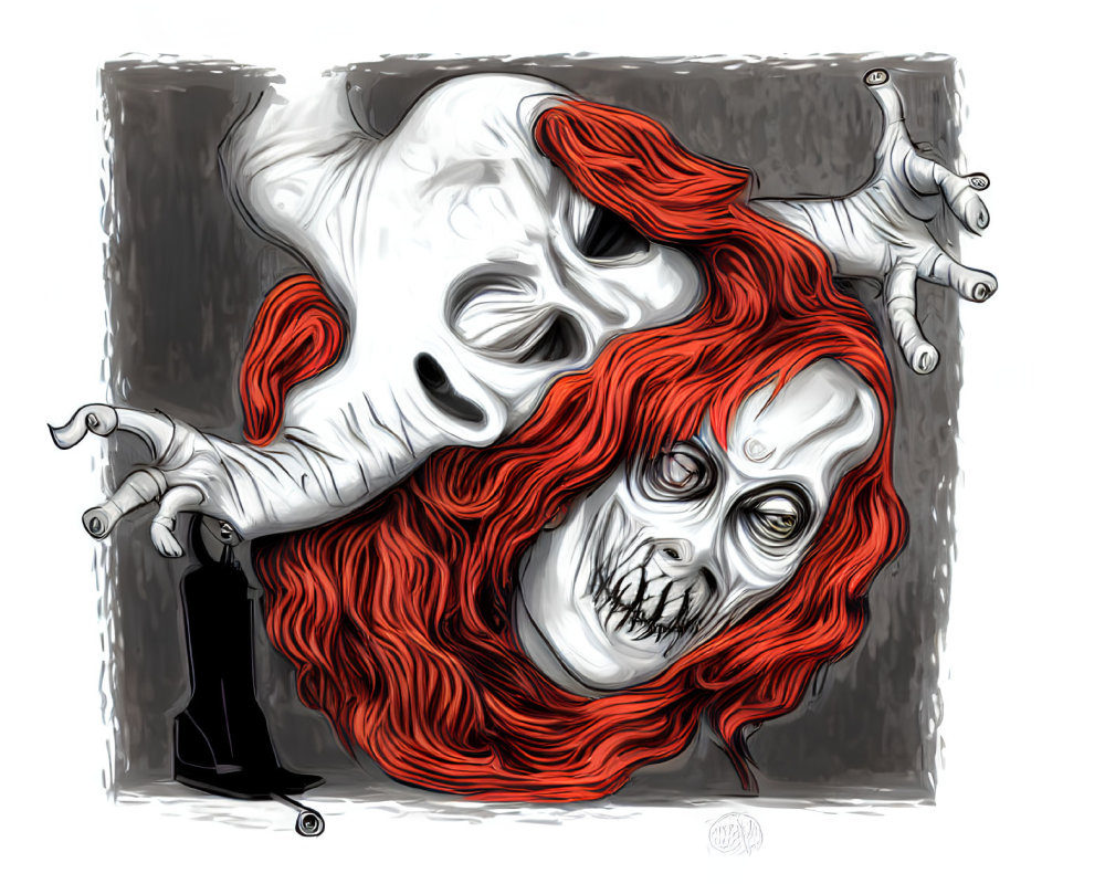 Grayscale illustration with red accent: Macabre figure with skull face, red hair, and claw