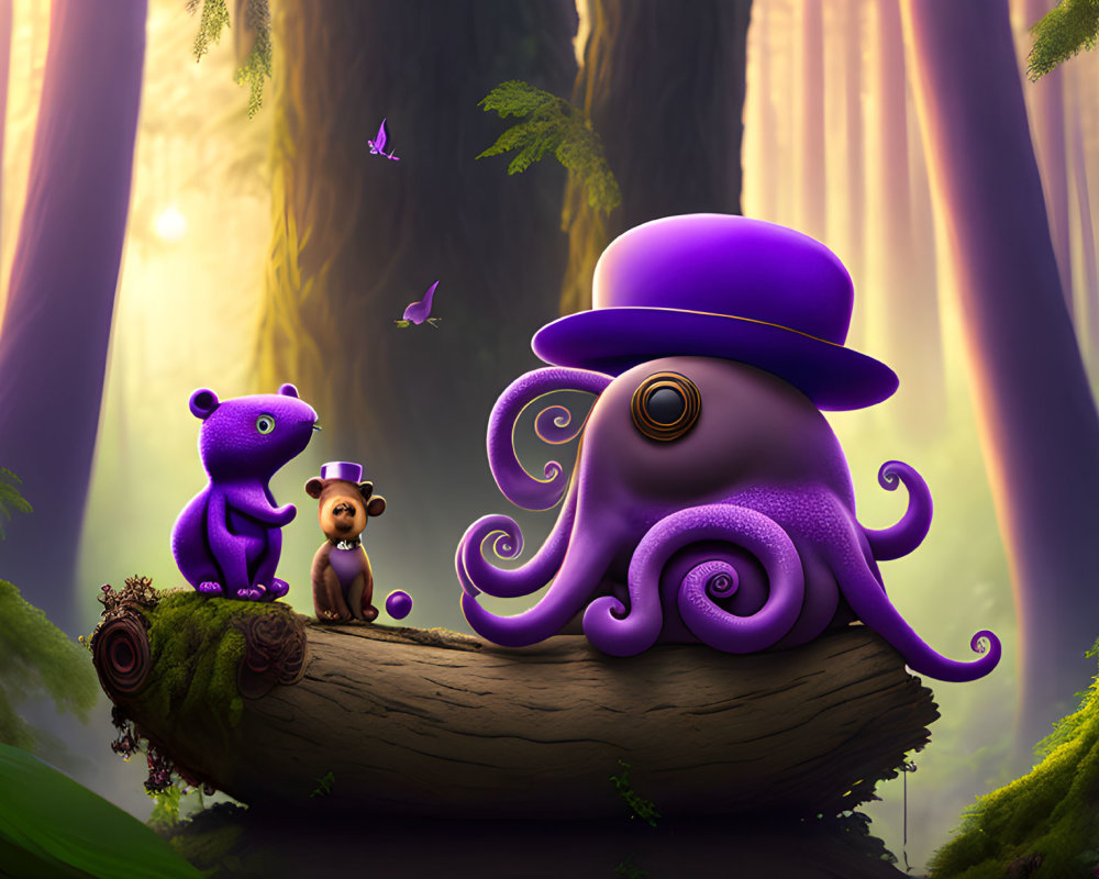 Colorful illustration of purple octopus with top hat in enchanted forest