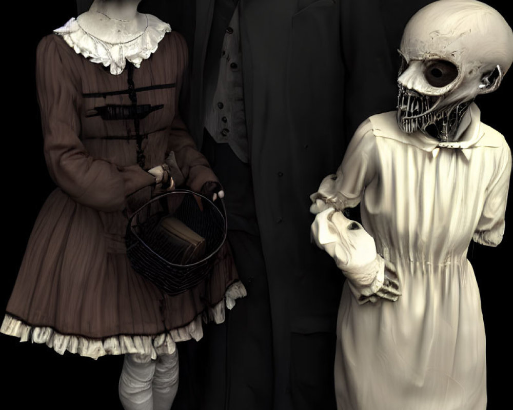 Vintage clothing figures with skull-like faces and umbrella, basket, suit, on dark background