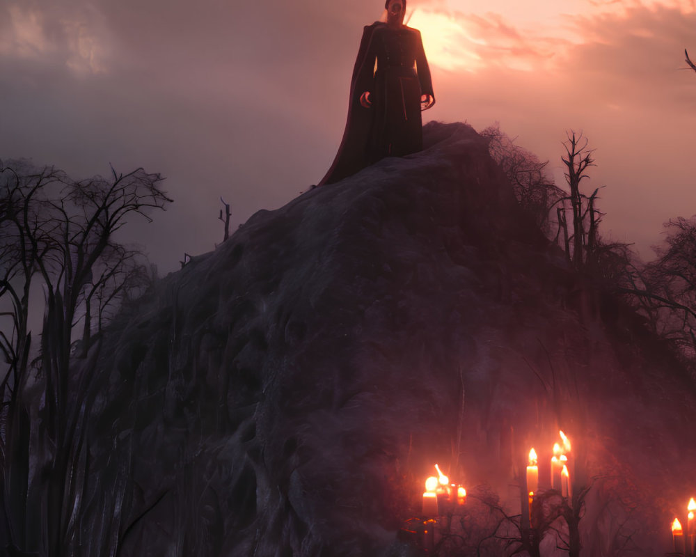 Mysterious cloaked figure on craggy hill with candles under pink sky