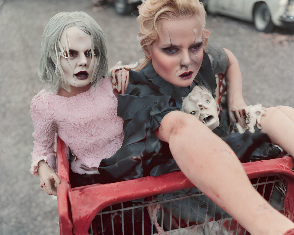 Woman with creepy doll in shopping cart, eerie makeup, small dog, vintage cars.