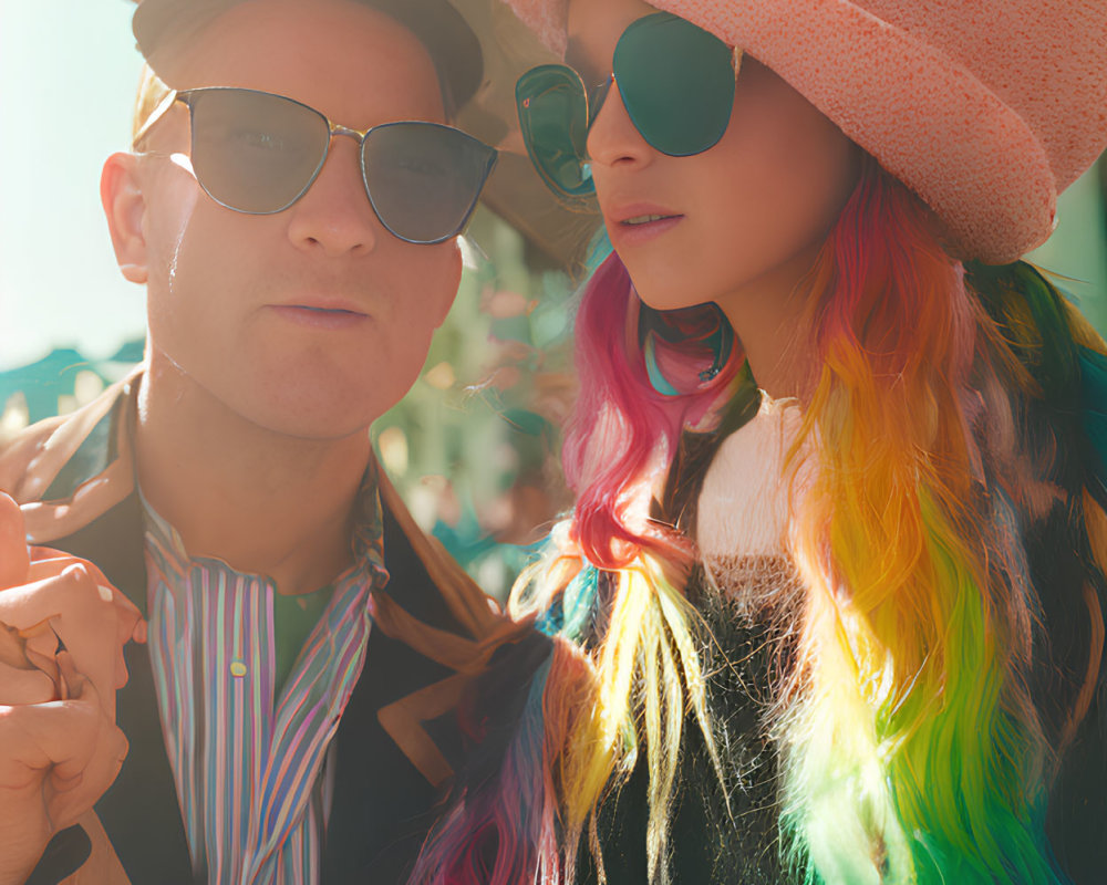 Fashionable individuals in sunglasses and hats with rainbow-colored hair posing in sunlit setting.