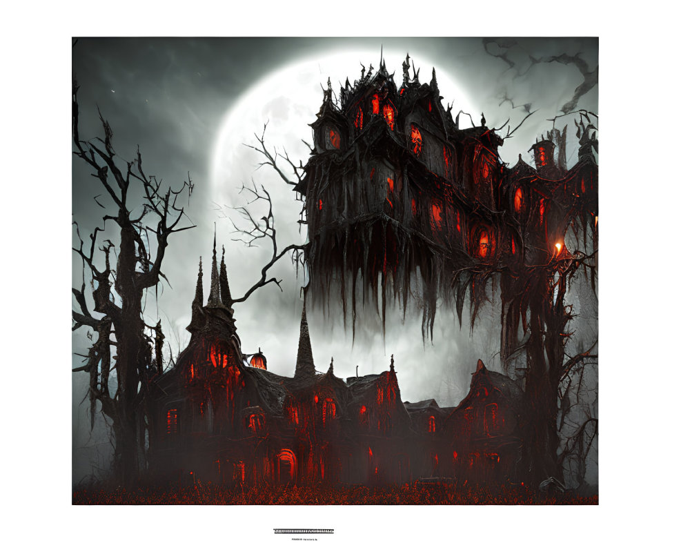 Eerie gothic mansion under full moon with red lights and misty landscape