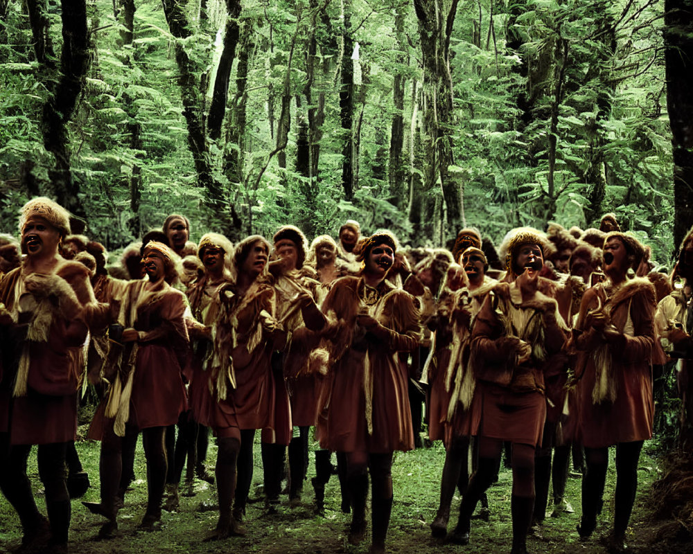 Group in traditional garb dancing in lush forest.