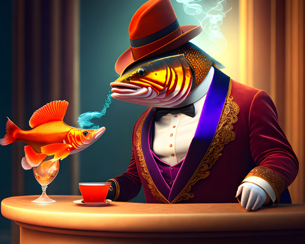 Anthropomorphic fish in suit and hat smoking next to goldfish blowing bubbles in wine glass on bar