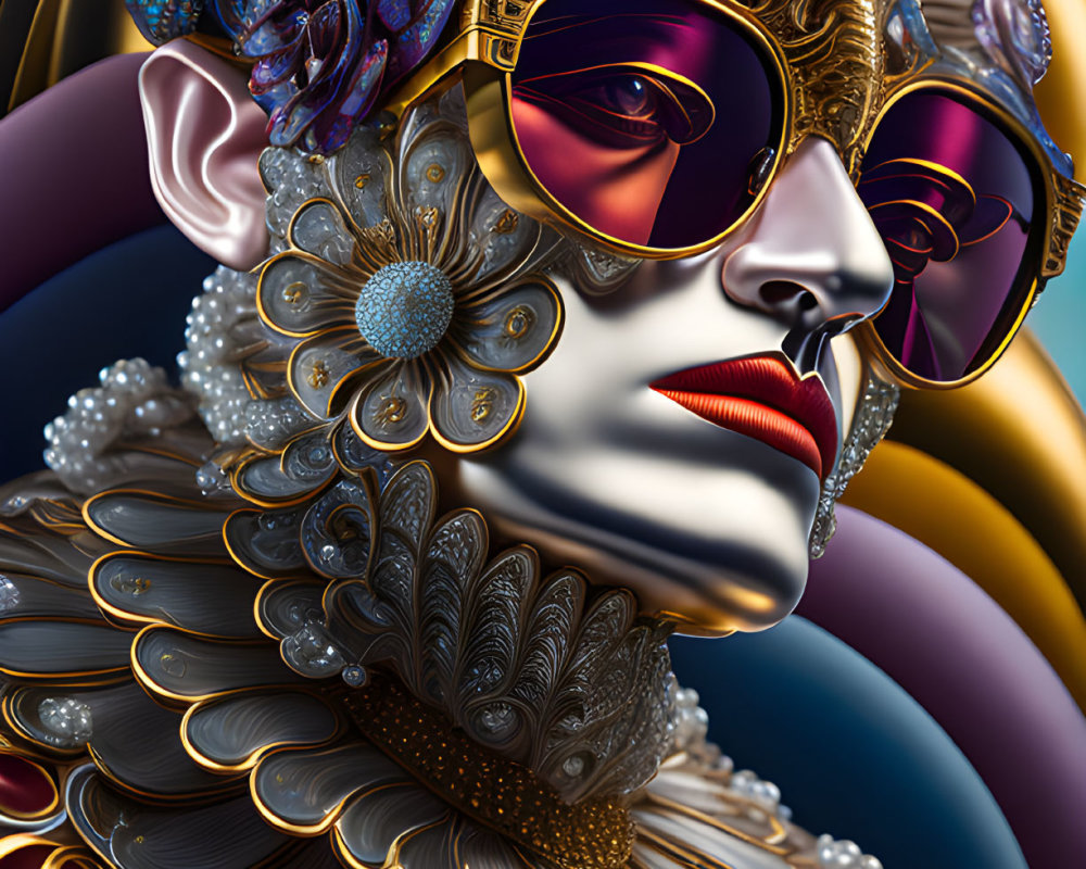 Intricate surreal portrait with golden headpieces and vibrant blue flower accents