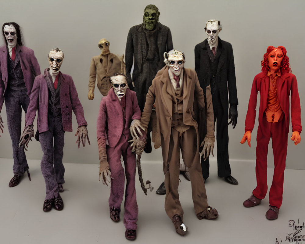 Detailed Zombie Figurines in Suits Displayed Against Dark Background