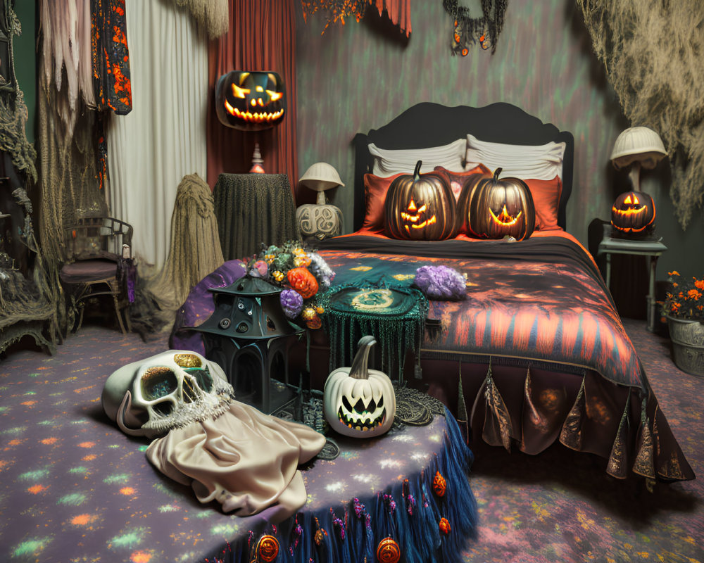 Spooky Halloween-themed bedroom with pumpkins, skull, cobwebs, and festive decor