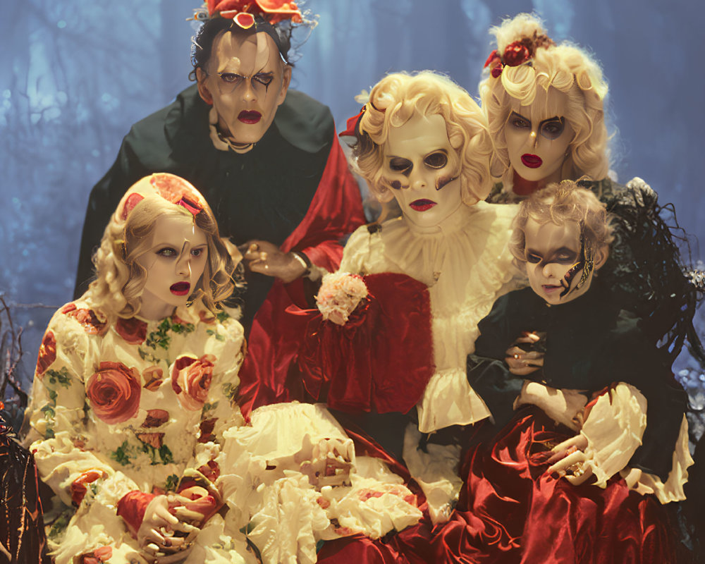 Group of people in elaborate costumes and makeup posing in misty forest.