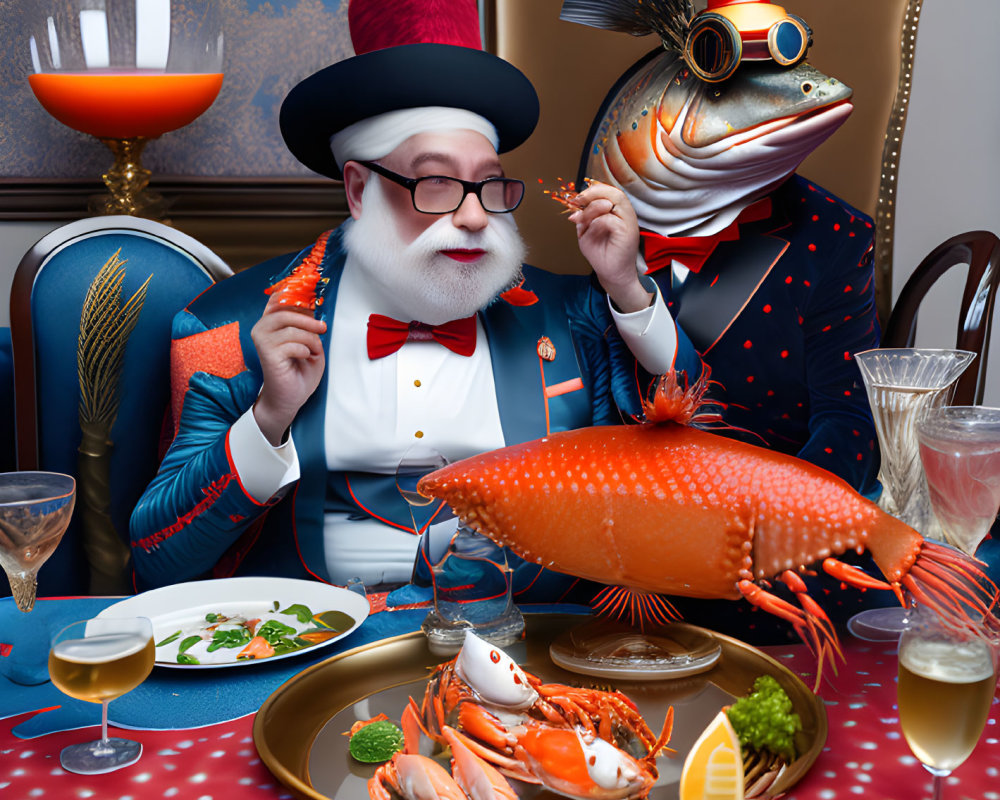 Steampunk-themed anthropomorphic fish and gentleman dining in luxurious setting