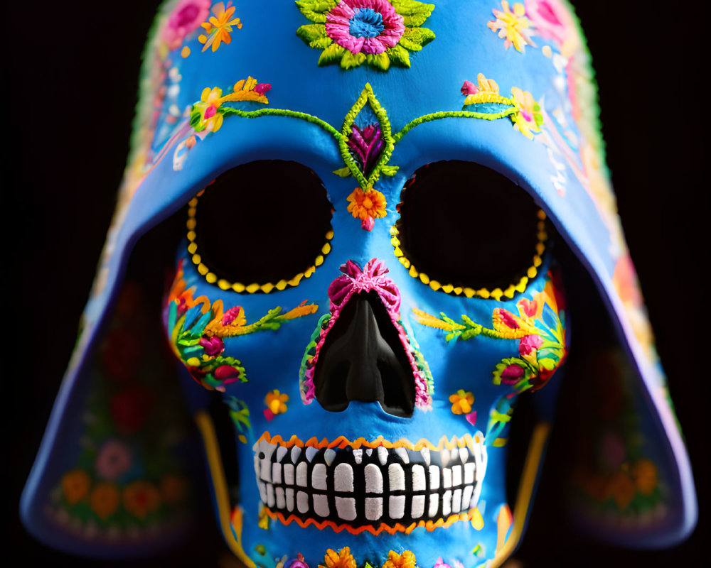 Colorful Day of the Dead Skull with Floral Patterns and Gold Detailing