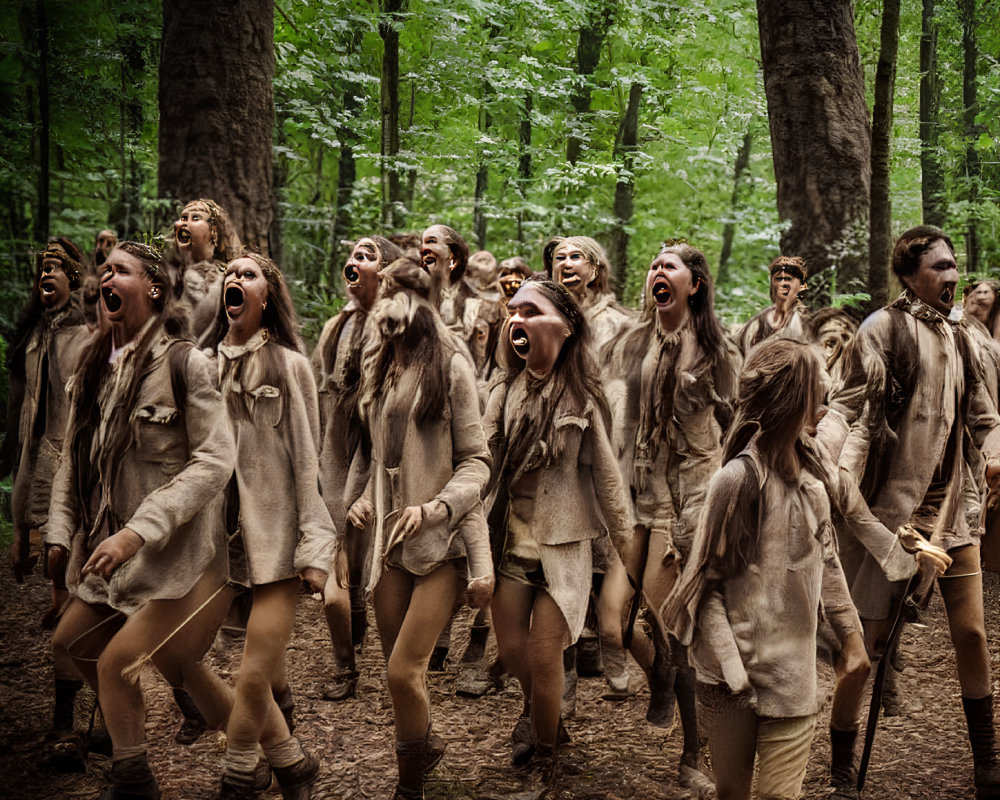 Group of people in forest wearing earth-toned clothing with mouths open in different poses