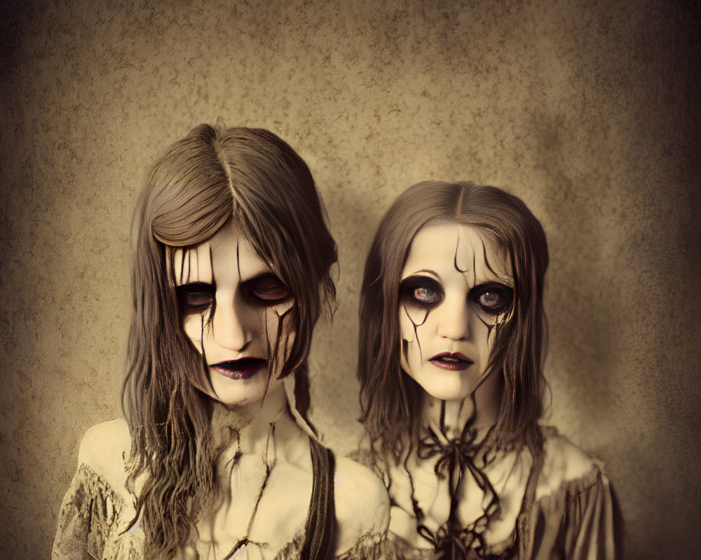 Individuals with eerie makeup resembling broken dolls against textured backdrop