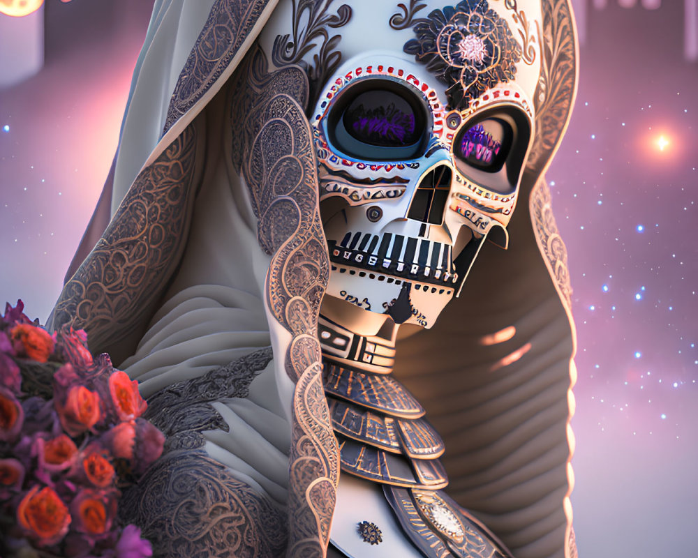 Skeletal figure with Day of the Dead makeup and gold patterns against mystical backdrop