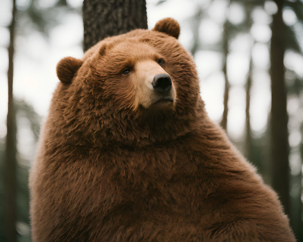 Brown bear close-up with forest backdrop and thick fur