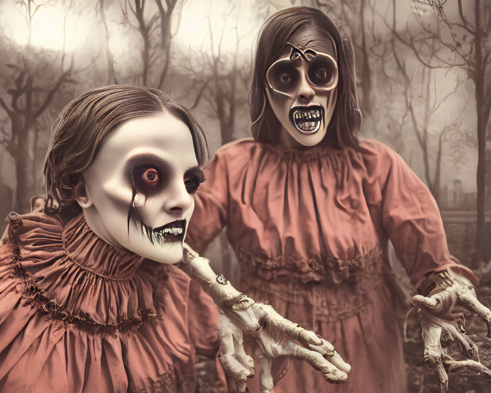 Two eerie clown costumes with skeletal makeup in foggy forest.