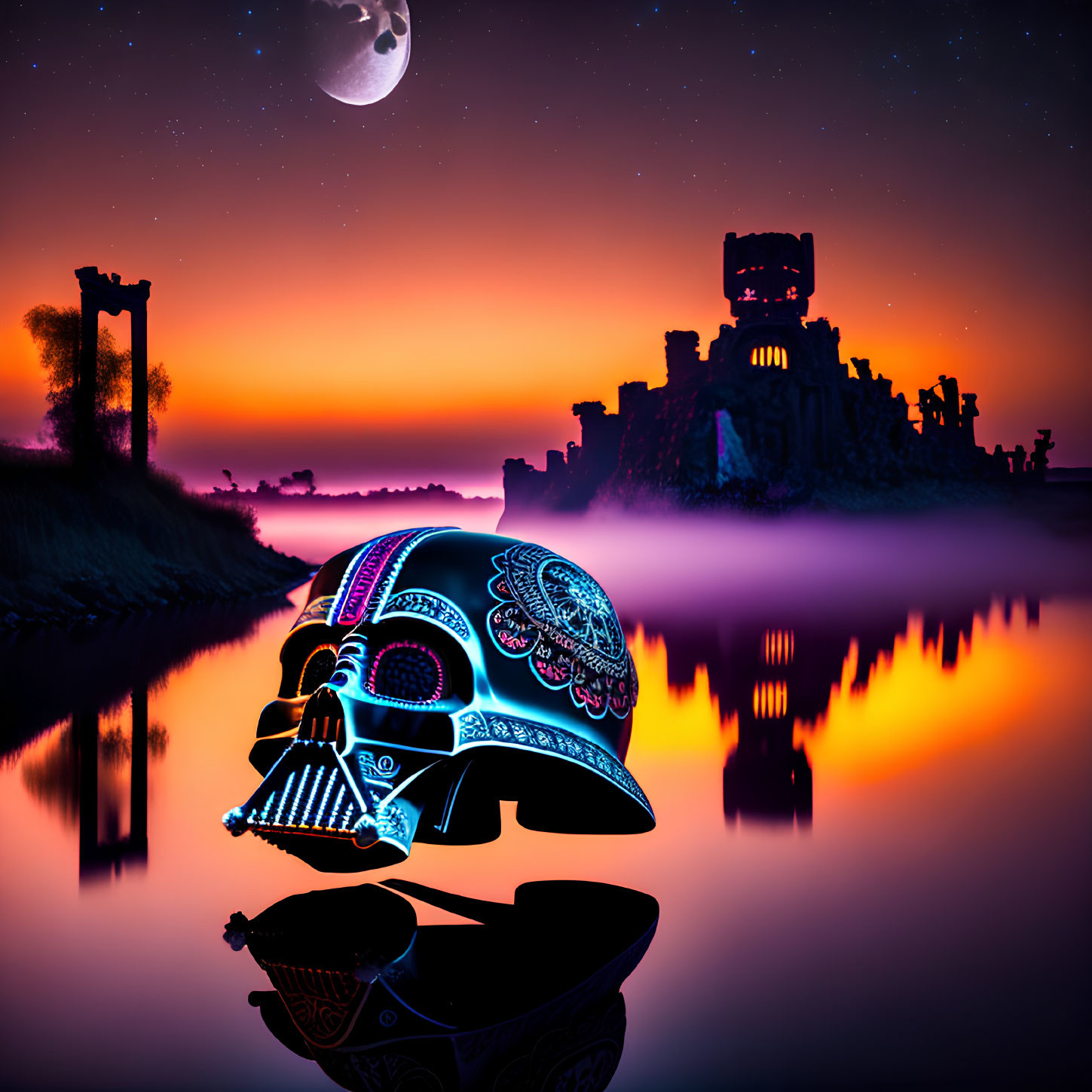 Colorful Skull Near Reflective Water with Ruins Landscape and Starry Sky