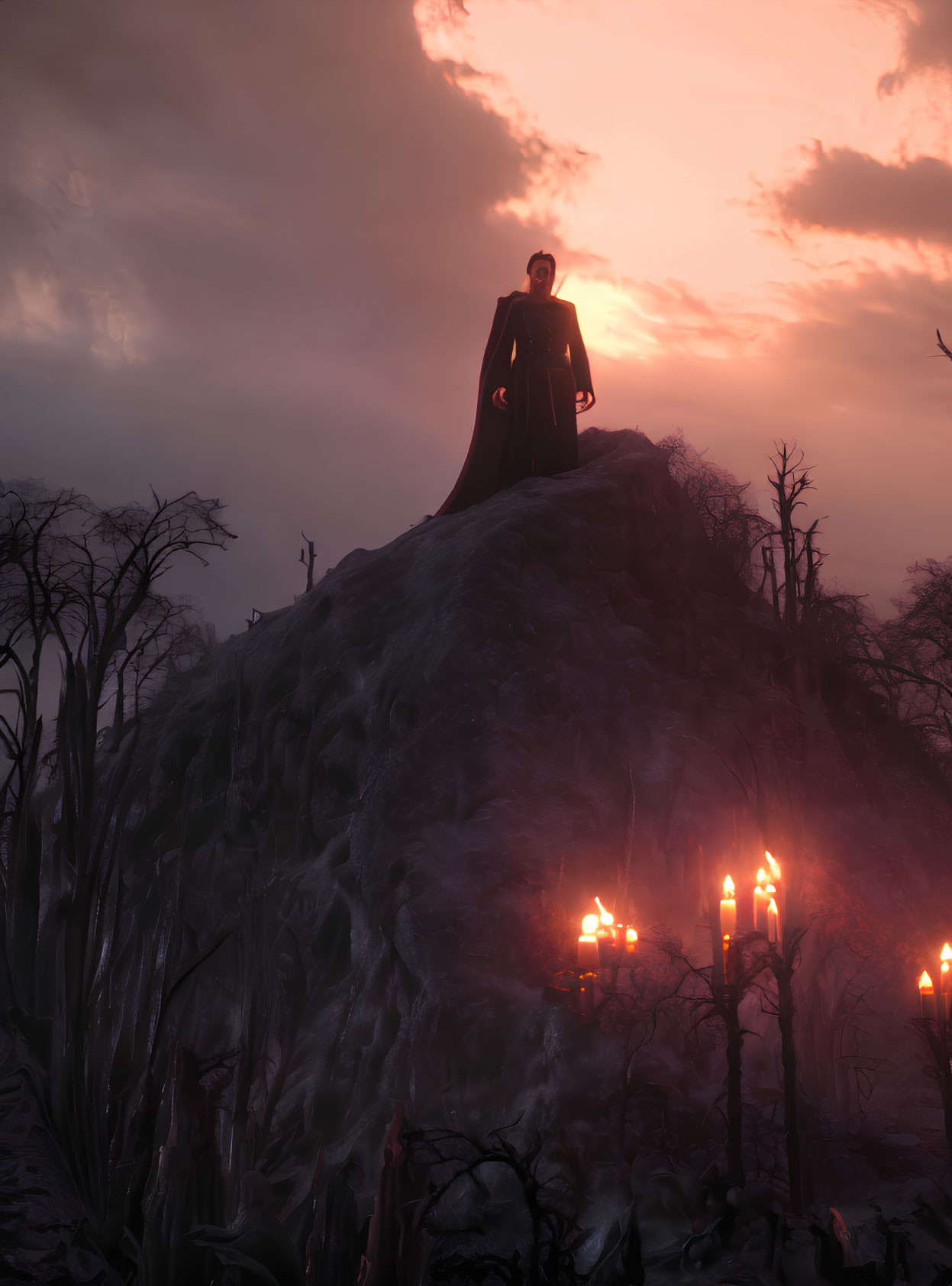 Mysterious cloaked figure on craggy hill with candles under pink sky