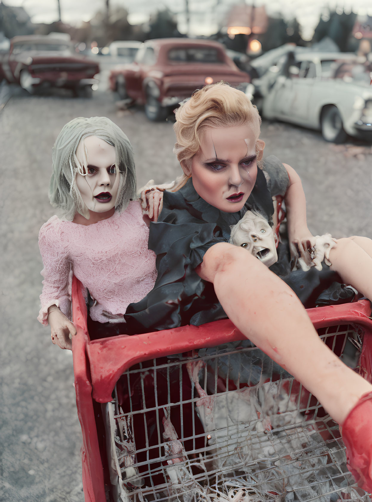 Woman with creepy doll in shopping cart, eerie makeup, small dog, vintage cars.