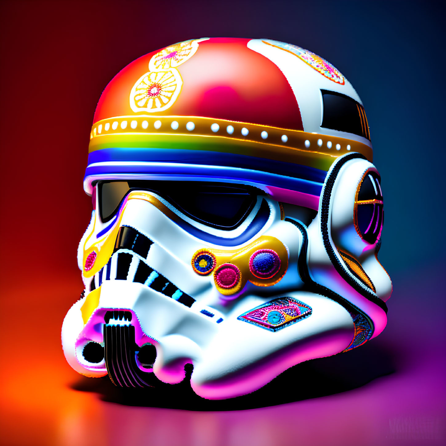 Colorful Decorated Stormtrooper Helmet on Red and Blue Gradient Background