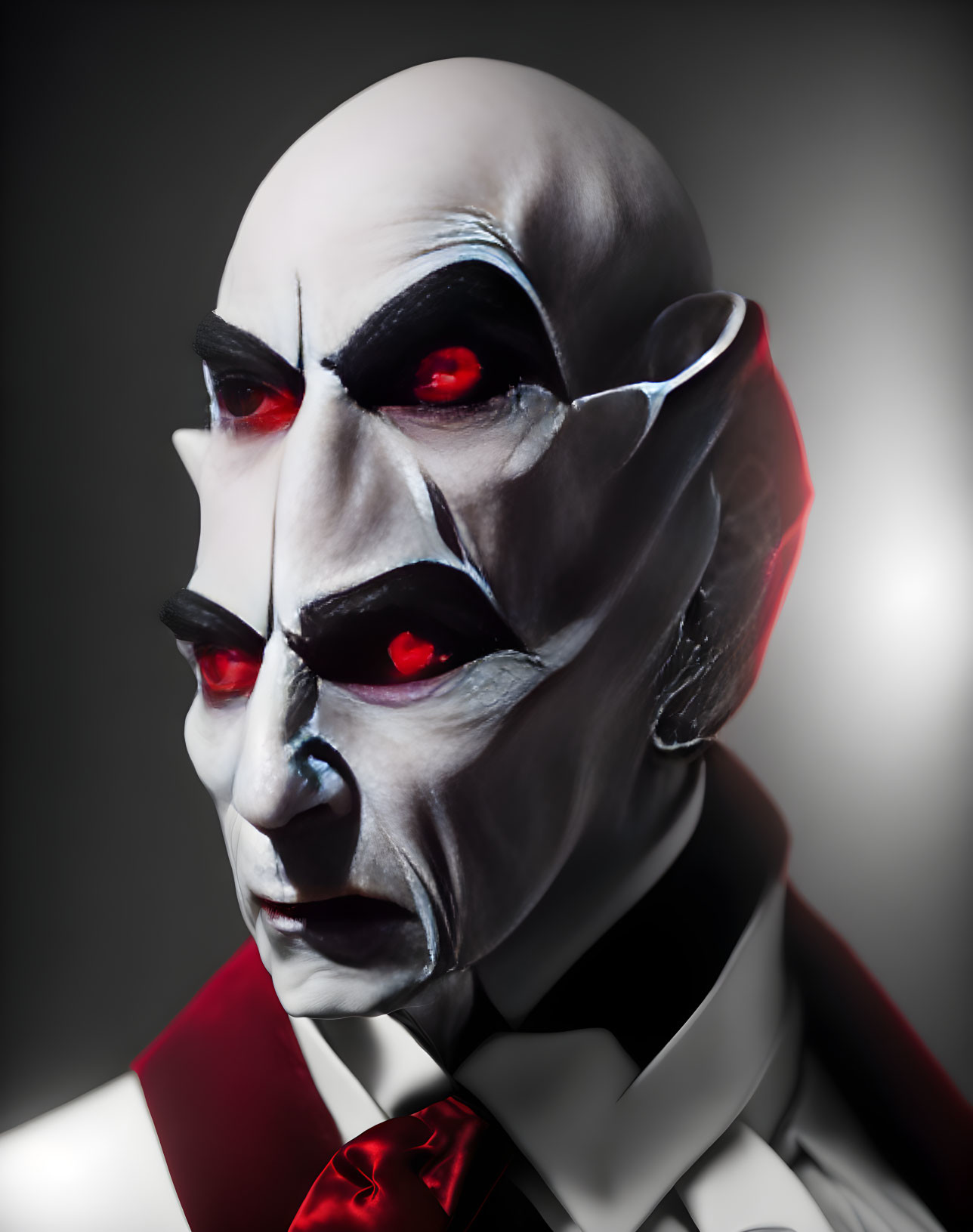 Character with white face, black eye makeup, red eyes, pointed ears, and black/red suit.