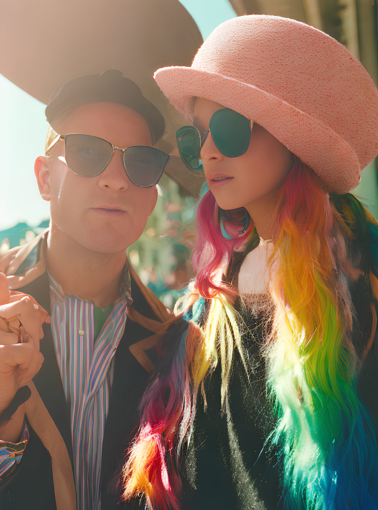 Fashionable individuals in sunglasses and hats with rainbow-colored hair posing in sunlit setting.