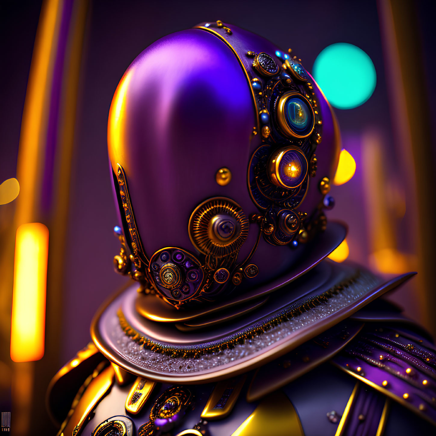 Detailed Close-Up of Futuristic Robot with Shiny Purple Head and Gold Mechanical Details