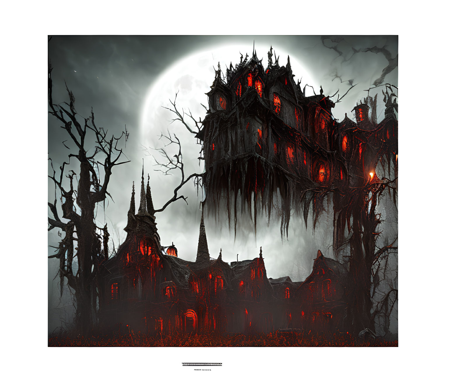 Eerie gothic mansion under full moon with red lights and misty landscape