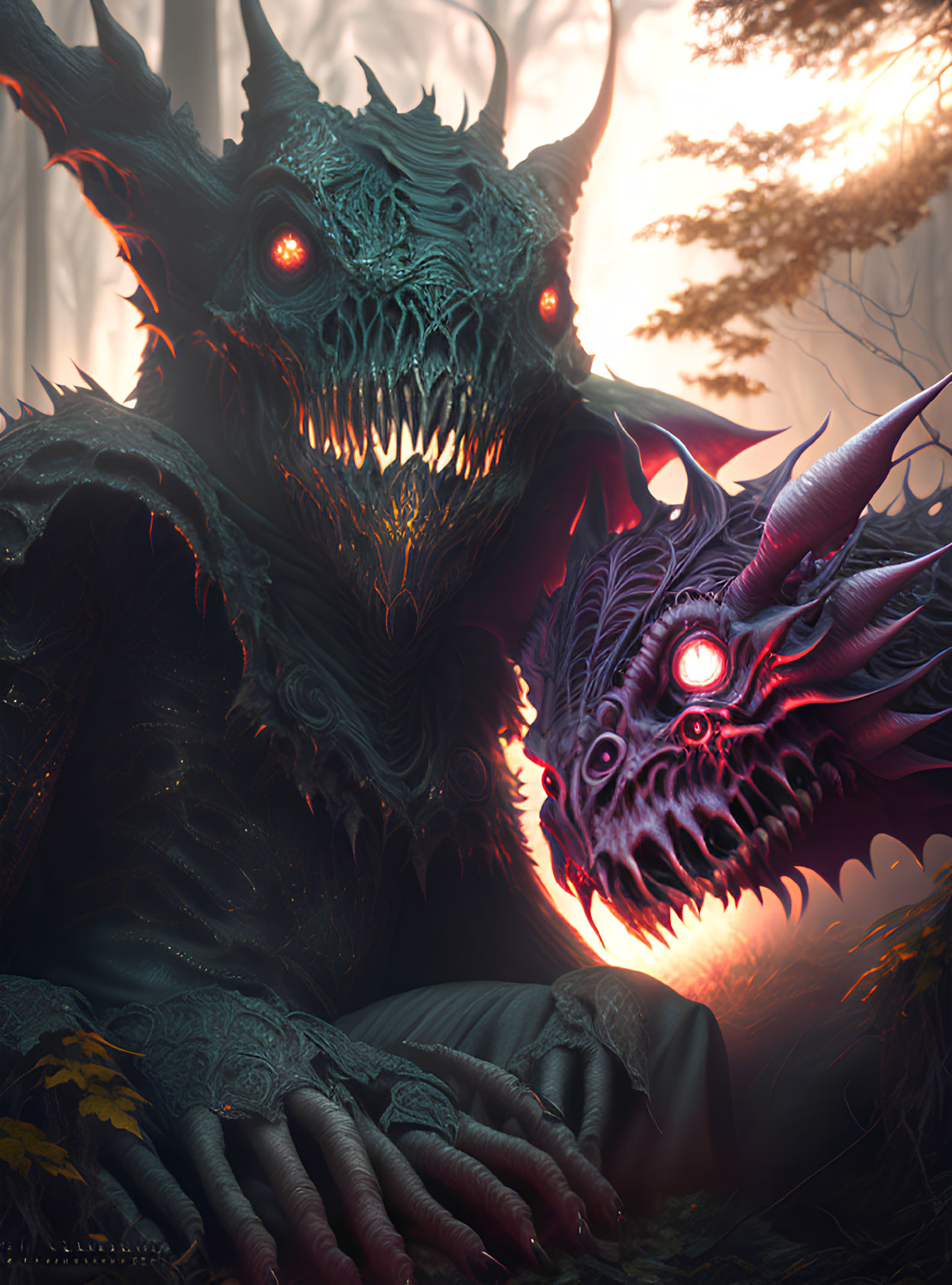 Two menacing fantasy dragons in misty forest: green with red eyes and smaller purple emitting pinkish light