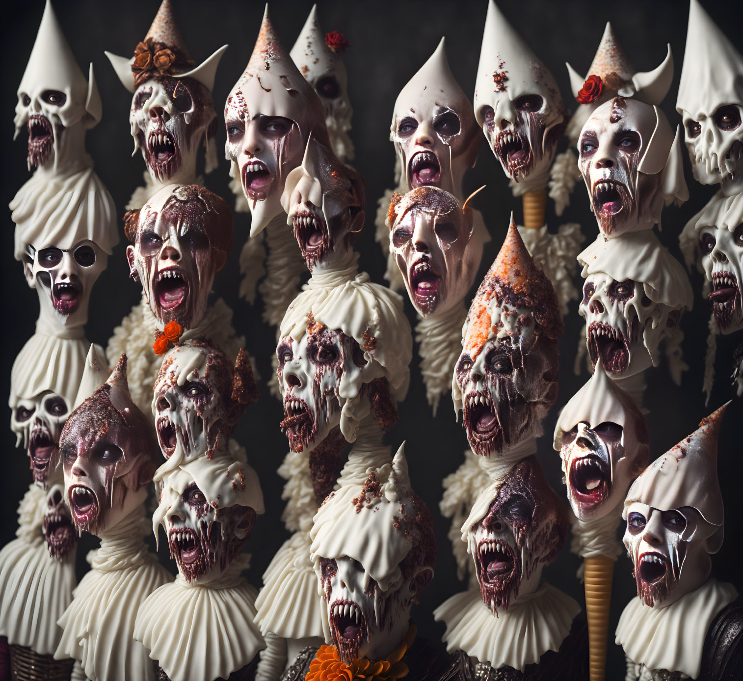 Array of Clown Figures with Skeletal and Horror Elements on Dark Background