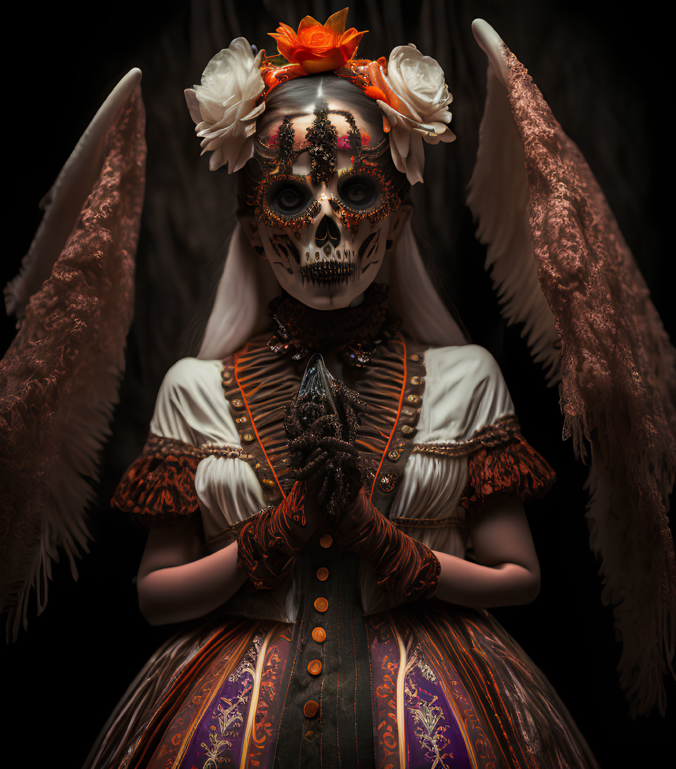 Ornate skull makeup and flower crown on person in Day of the Dead attire