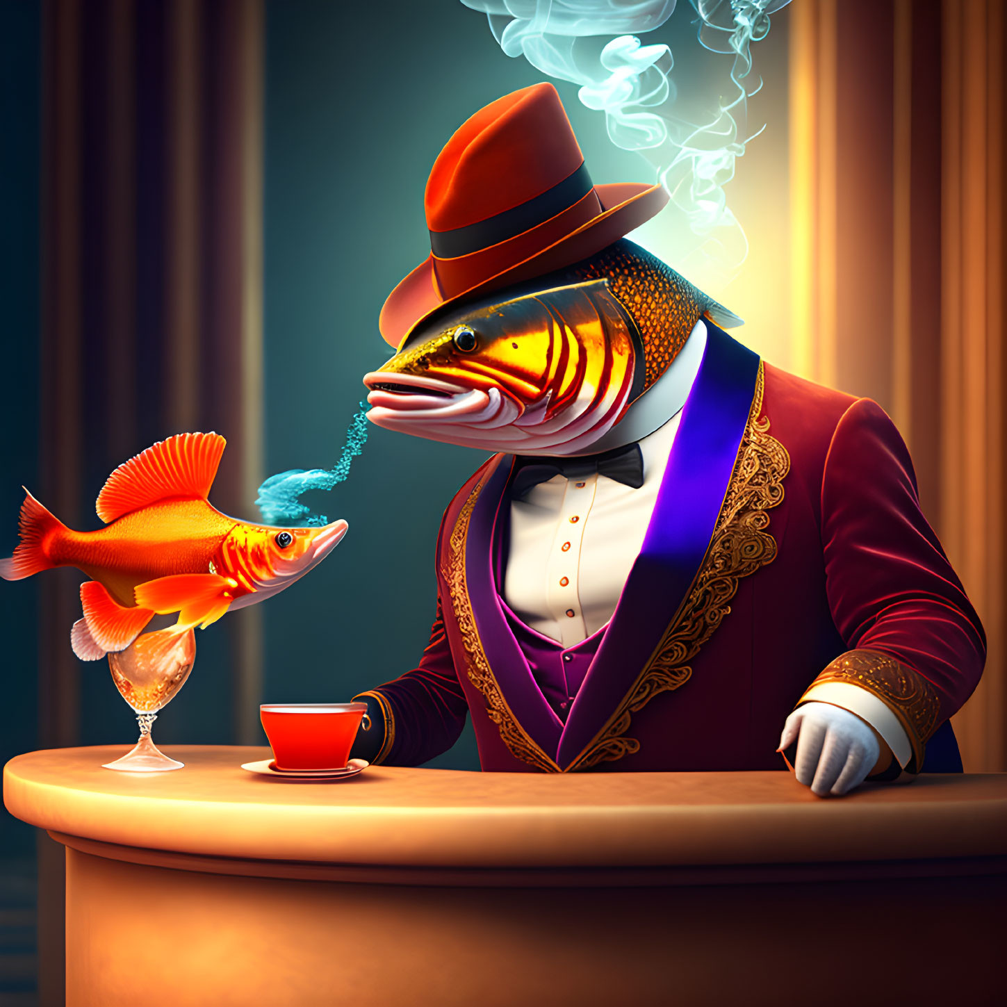 Anthropomorphic fish in suit and hat smoking next to goldfish blowing bubbles in wine glass on bar