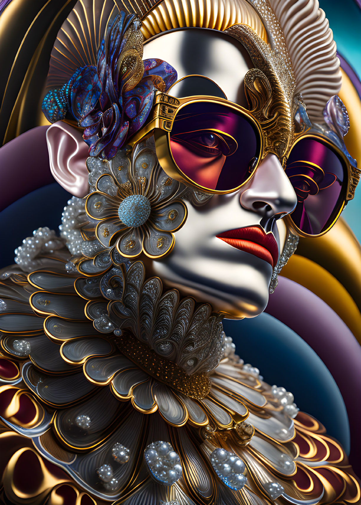 Intricate surreal portrait with golden headpieces and vibrant blue flower accents