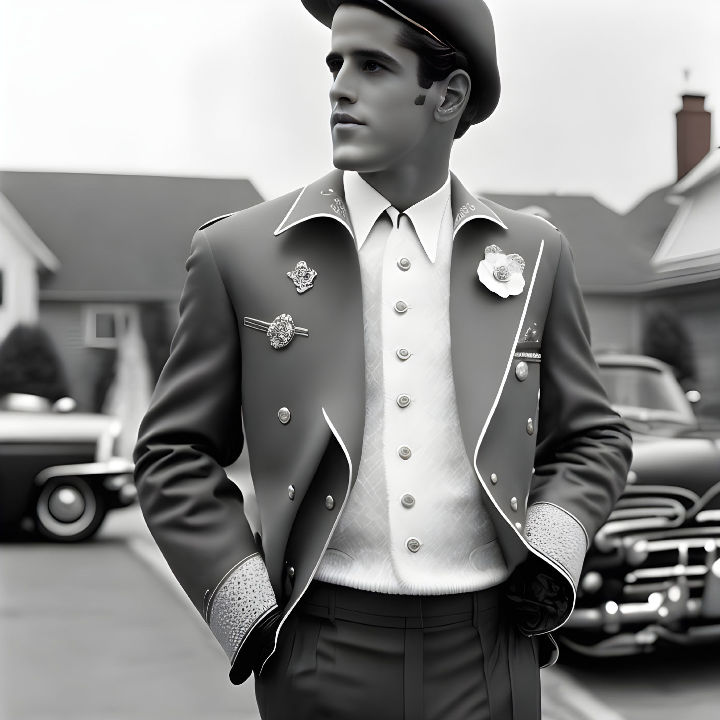 Vintage-style dressed person with hat beside classic car and house.