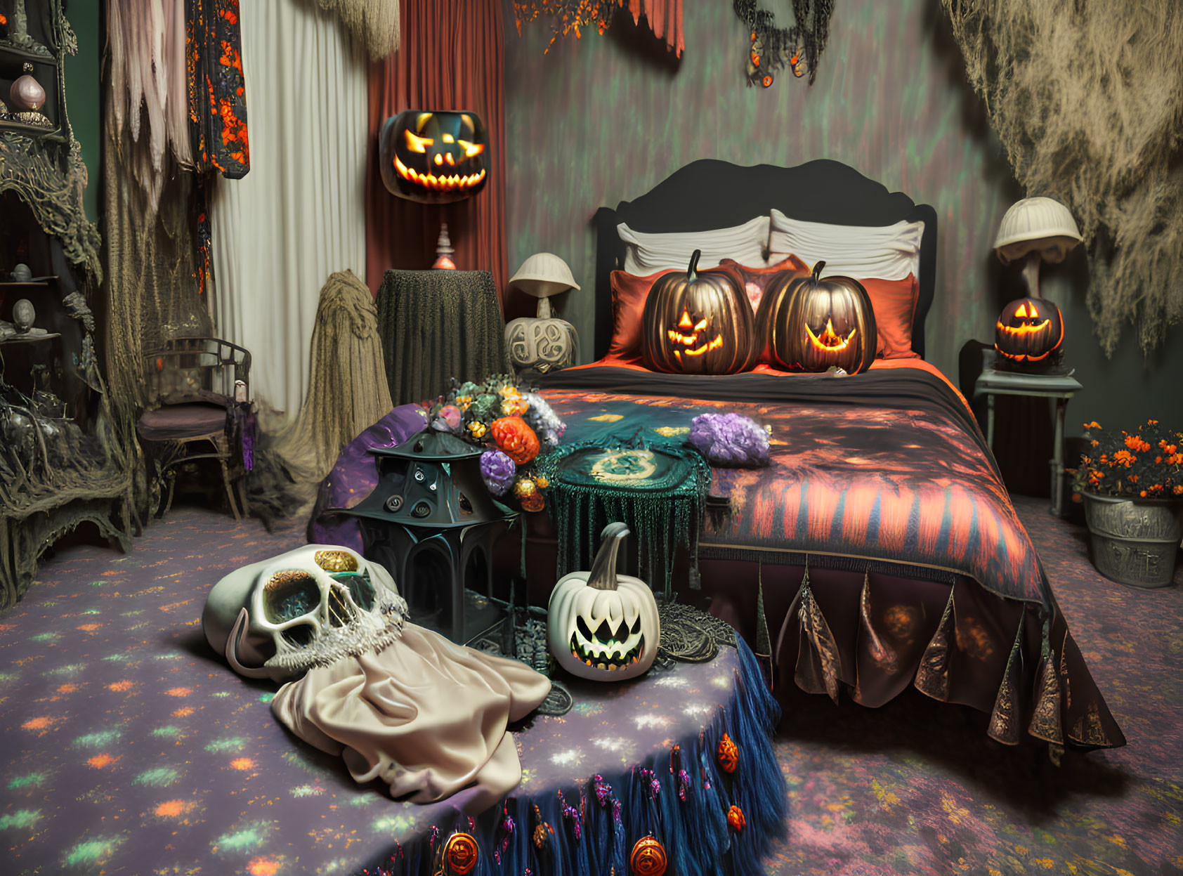 Spooky Halloween-themed bedroom with pumpkins, skull, cobwebs, and festive decor