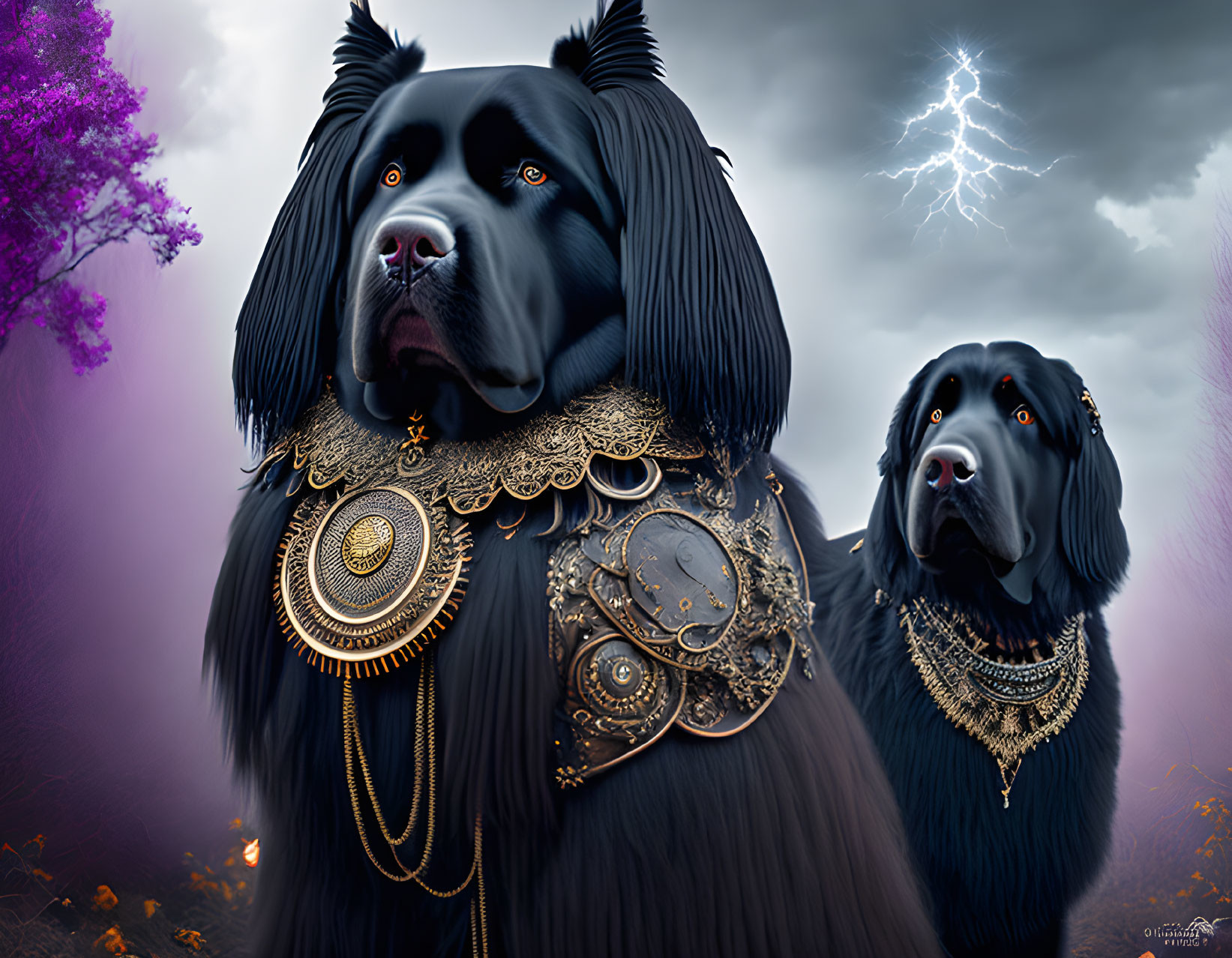 Two black dogs with golden jewelry on purple backdrop with trees and lightning