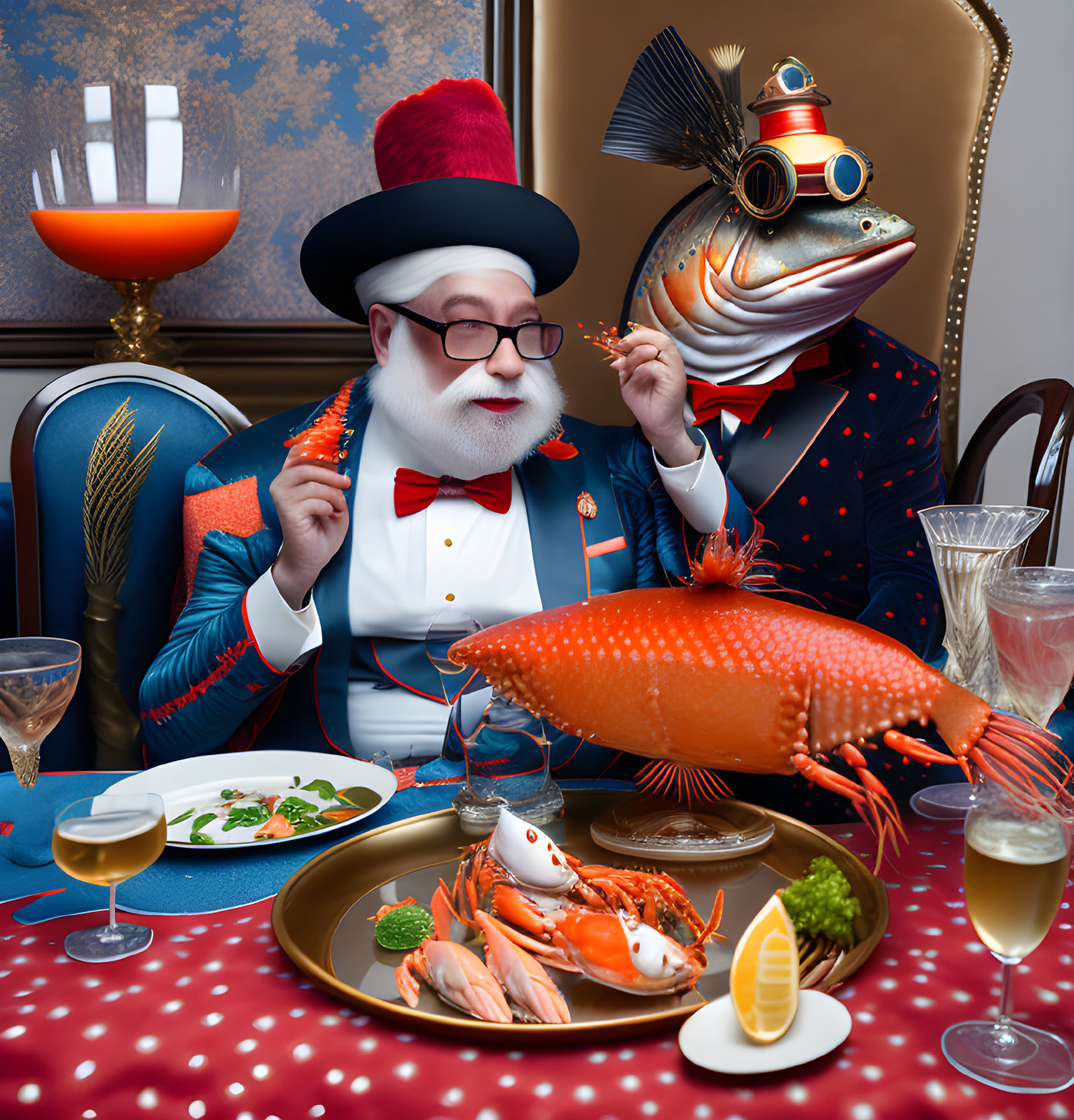 Steampunk-themed anthropomorphic fish and gentleman dining in luxurious setting