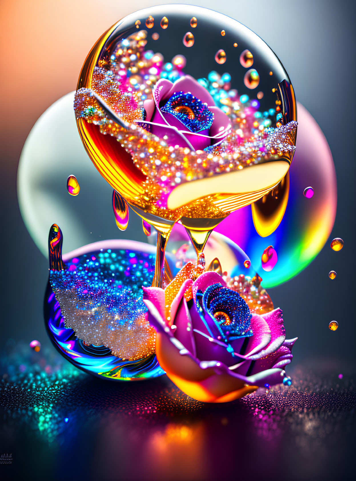 Colorful abstract digital artwork with glossy textures of flowers and bubbles on a soft background