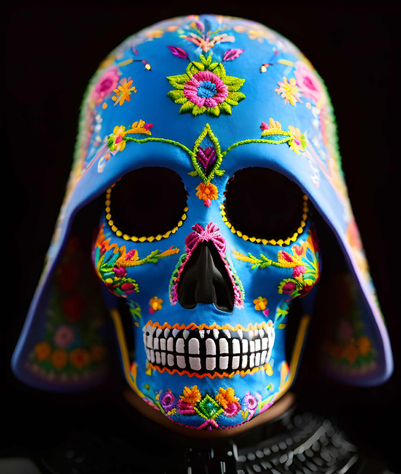 Colorful Day of the Dead Skull with Floral Patterns and Gold Detailing