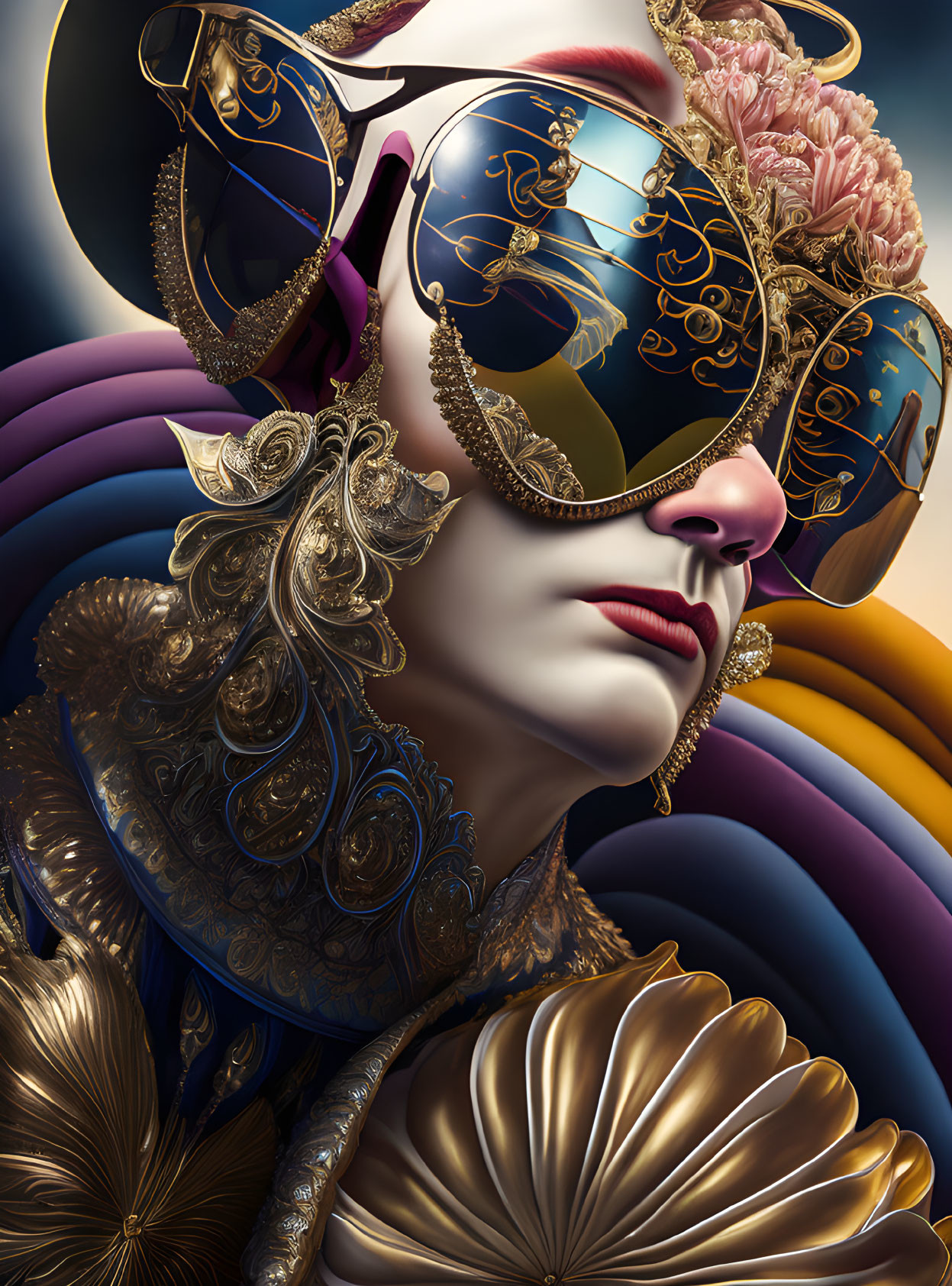 Person depicted with ornate golden eyewear and baroque embellishments in colorful swirling attire